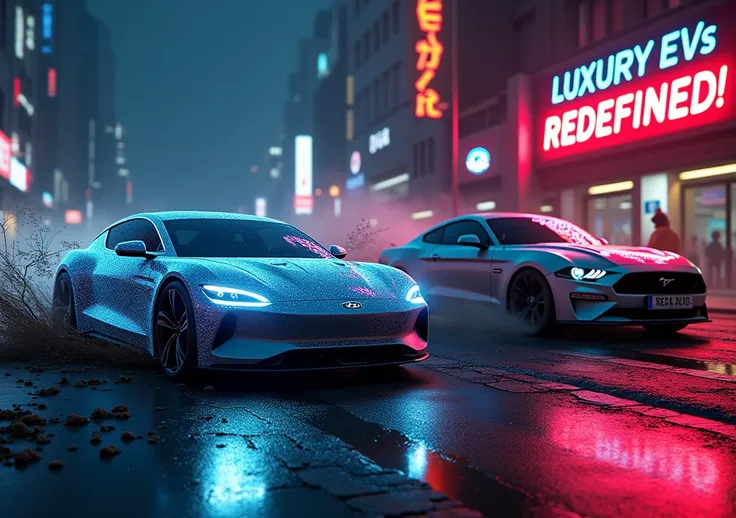 A futuristic electric Hyundai Ioniq 9 glowing with energy on a dark urban street, a Mustang Mach-E Rally splashing through a muddy trail. Bright neon text: Luxury EVs Redefined!. Modern, high-energy aesthetic.