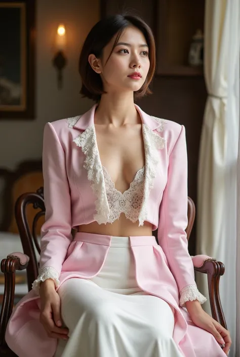 A Korean man in ladies vintage suit dress, he is crossdresser, big breasts like a woman, slender female body, His hairstyle is short and manly, white and pink, long sleeves, Rich lace and frills, cropped jacket, mermaid line long skirt, silk, sit quietly