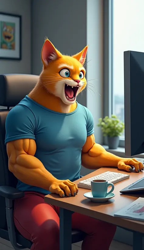 "A hybrid creature featuring a human bodybuilders muscular physique with a cats face, sitting at a computer desk with a surprised and delighted expression as it looks at the screen. The character has golden fur, sharp cat-like eyes, small pointed ears, and...