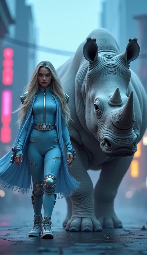 a beautiful woman with long hair,  dressed in a light blue futuristic army uniform with metal accents ,  walks facing the camera full of confidence in an urban center illuminated by dramatic daylight. On her side ,  a giant long-haired rhinoceros with thic...