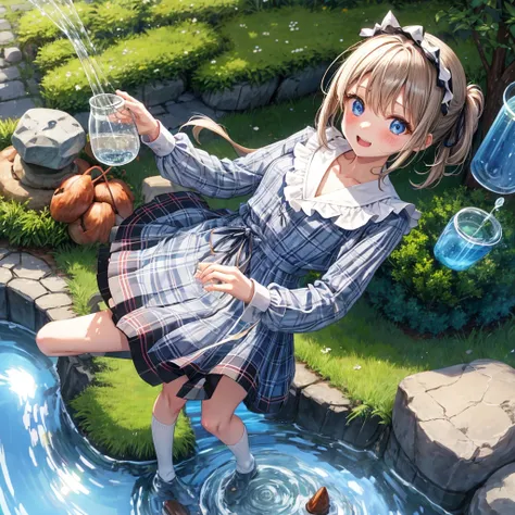 Chestnut Hair、 blue eyes、 has hair tied、Two cute、 plaid mini skirt、 BLACK T-SHIRT、 Long Sleeve 、 dress、 striped high socks sprinkling water、Teeth are visible、lawn、The stone is cracked、Uneven ground、The road is curved、tree、Mountain々、vermilion box、diagonal、 ...