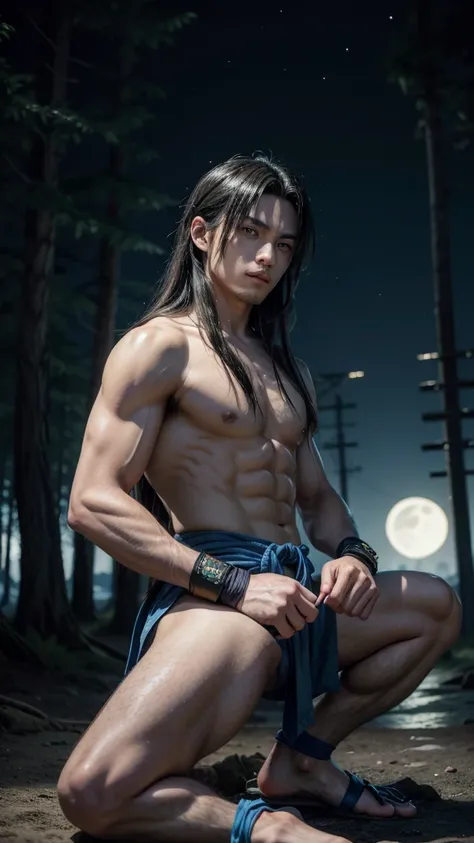 reality,  1 man , Hayate ( Street Fighter EX2 ), anime guy, Dark brown long straight hair,  Light Blue Right Eye ,  Light Blue Left Eye ,  yellow short samurai fingerless gloves,  Japanese Short Sandals , Beautiful Naked Man , A mans profile,  His Clothes ...