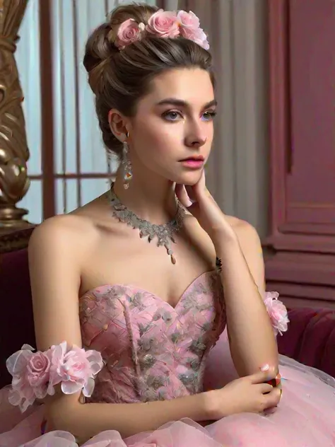 , serious,  elegant,  pink dress , aristocratic,  silver elements , long nails,  bare shoulders , hairstyle, hair up, hair and tail,  sloppy , arrogant, absurd,  detailed dress , royalty, holiday, hall, decorated with flowers, cowboy shot, portrait, ( top ...