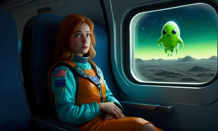 A cute woman (age 25, sad, lonely, space explorer outfit), she is looking out the window sadly on a commuter rocket full of rambuxious slime alien passengers. Lonely commuter flight through the stars
