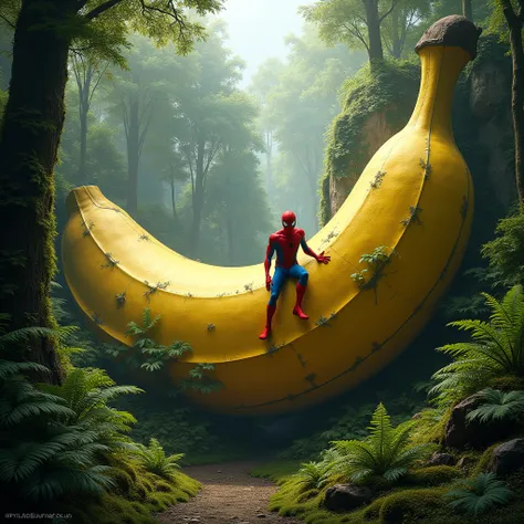 Generate me a giant banana house and wrap spiderman costume in the banana house in a forest 