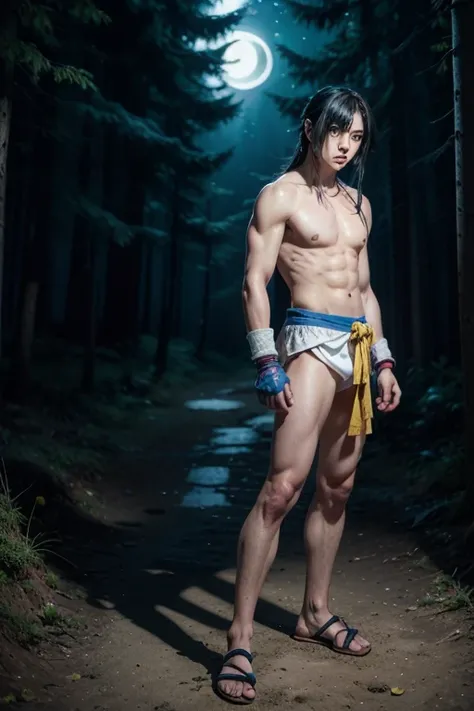 reality,  1 man , Hayate ( Street Fighter EX2 ), anime guy, Dark brown long straight hair,  Light Blue Right Eye ,  Light Blue Left Eye ,  yellow short samurai fingerless gloves,  Japanese Short Sandals , Beautiful Naked Man , Side view of a man standing ,...