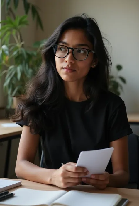 24 age girl, dark brown skin, wearing glasses , black eyes, middle leanth hair, black hair, crazy look, wear black color t shirt and trouser , medium hight ,  wear white shose , undergraduate final year student, work hard, internship worker , Learning Envi...