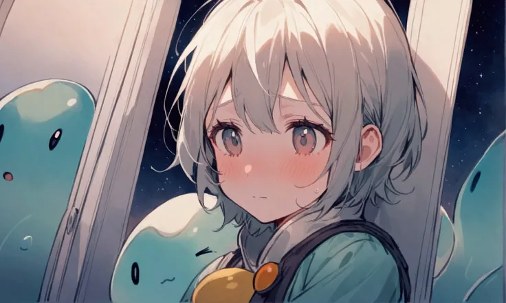 A cute woman (age 25, sad, lonely, space explorer outfit), she is looking out the window sadly on a commuter rocket full of rowdy slime alien passengers, slime families that run amok all over the ship. Lonely commuter flight through the stars
