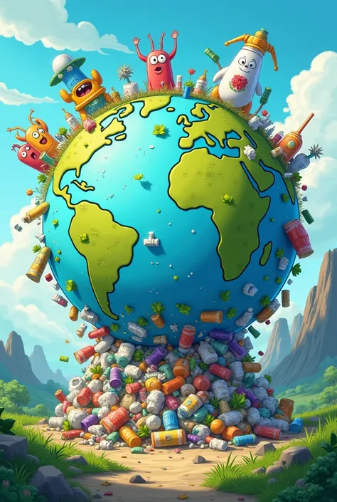 Make me a cartoon drawing on the theme of the challenge of the earth facing excessive plastic garbage in the form of 2 D with landscape size a3
Please resize it sideways