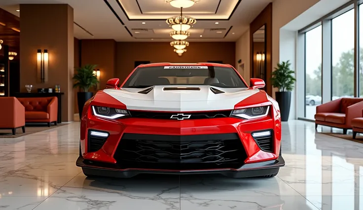   The interior view of 2025 Chevrolet Camaro and color red And white pricing luxury shooroom 