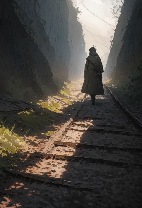 A lonely traveler of life walking on an abandoned railway line, single track, barren soil, lush vegetation, dim light, a textured touch style that combines oil painting and watercolor painting, effective effects, bold and dynamic, contrasts of light and sh...