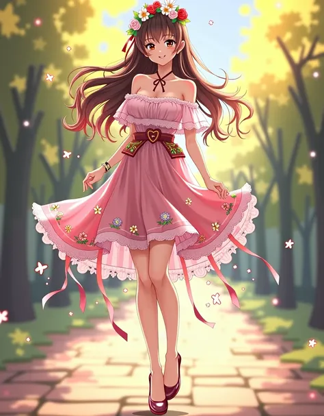 Ultra high quality，Long legs，Smile，Sunlight，Lace off-the-shoulder，Wear flowers on your head，student，charming，Ribbon，Pink skirt，Flowers on skirt，High heel，School Belle，whole body