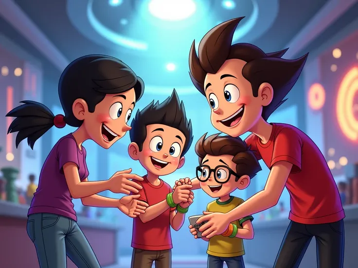 Create an image featuring four characters in a friendly, dynamic scene that emphasizes their bond of friendship. Jimmy Neutron, the young genius with spiky hair and a red shirt, is smiling and holding a gadget, excited to show it off. A younger version of ...