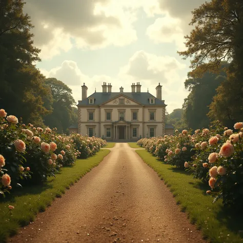 empty street forground front top, in background and a grand manor house in the distance. The scene is set during the early 19th century, with a sense of elegance and refinement. A delicate, vintage aesthetic, with soft pastel colors, evokes the Regency era...