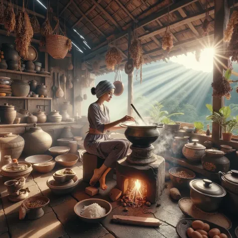 a beautiful Indonesian peasant woman,  bun, cooking rice on a small traditional brass cooking ware, its on top of a firewood stove made of clay and refractory brick, at the cluttered traditional Indonesian kitchen, dry herbs and ingredients hanging on the ...