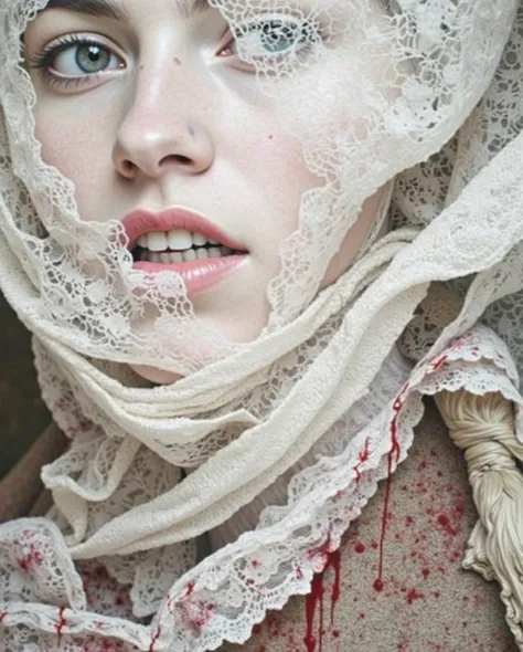  portrait of a woman , Historical, Mysticism,  ominous atmosphere , death, woman in a kokoshnik, Slavs,  the womans face is hidden by a white lace veil, a womans lips covered in blood , blood flows through the veil ,  is released as a bright spot on the fa...