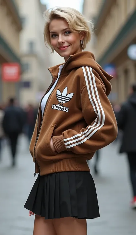 photograph,  Side  View, Full body,  stylish pose, on street, 1 Germany  cute woman ,20-age, fashion model, ambassador of Adidas,  (Blonde short hair,  blue eyes ,smile, natural make up), New model is Adidas casual high-class dress , Adidas wool brown jack...