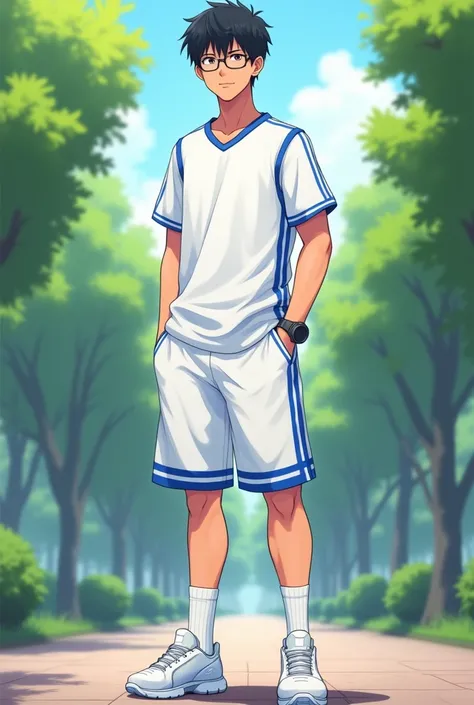  Anime images,  Full Body Image , The background is a park.,  man ,The  handsome, , a 17-year-old Chinese teen , , short hair, wearing glasses , Wear a white slip-on basketball shirt with a blue stripe, with a hem outside the pants, wearing white slip-on f...