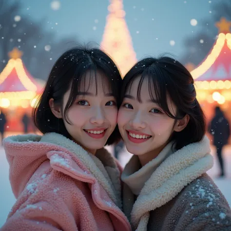 Photorealistic portrait of a fabulous, smooth, Different types of 2 Japanese women, 25years old, Height : 165 cm, long face, genuine smile, short hair, Film grain, At the Sapporo city, winter, bright illumination, Fleece clothing, park, bright, snow festiv...