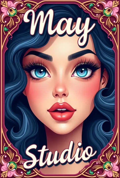  Create a logo written in Spanish that says MAY STUDIO ,  below a smaller write EYELASH EXTENSIONS  ,  behind the logo a beautiful woman with blue eyes  ,  with beautiful long eyelashes  ,  in the center of the image that highlights your eyes and long eyel...