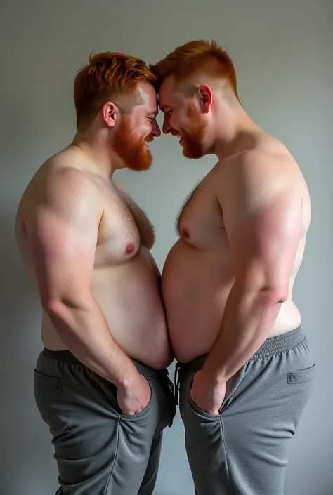 Two gay Asian Males, rubbing their fat butts together, redhead, butts are main focus, shirtless, fat ass, wearing grey sweatpants, tight pants, muscular ass, huge butt, comically large butt, big butt, fat man booty, man, short hair, looking back at camera,...