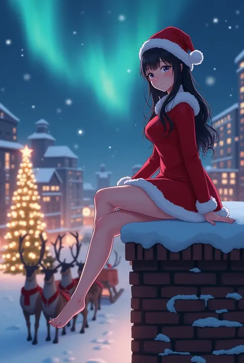 The most popular and beautiful Japanese actress in Japan, dark hair, long hair, cute smile, wearing miniskirt Santa costume, Christmas tree, beautiful legs, big boobs, raw legs, bare feet, with reindeer pulling sled, sitting on chimney taking a break, beau...