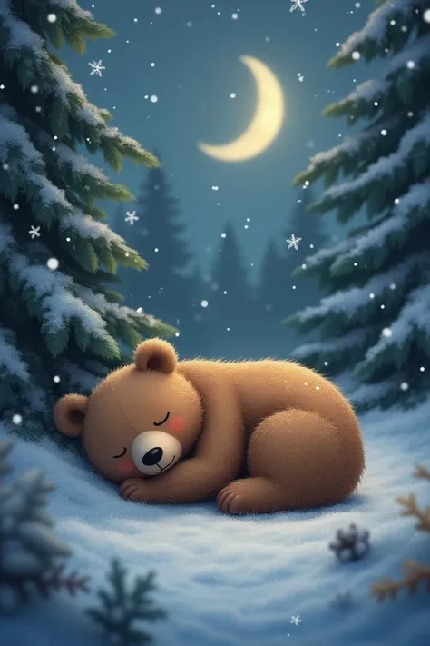 Make a profile of a cute little bear sleeping in the winter night and in a natural and realistic state