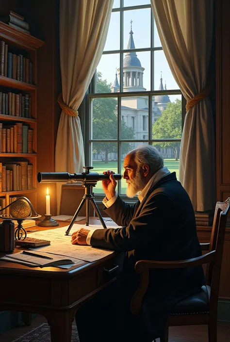 Galileo could have taught at Harvard: A scene with Galileo in a study, holding a telescope, while a Harvard University campus is visible through a window in the background, symbolizing the six-year period he could have taught there