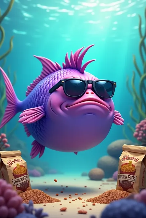  A purple fish wearing  sunglass is unhappily swimming  due to eat a lot of nutritious feed which causes fatty situation, besides a lot of nutrition fish feed bages