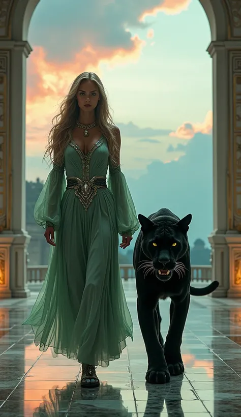 a beautiful woman with long hair,  wearing a futuristic ancient royal uniform in light green with metallic accents ,  walks facing the camera full of confidence in the royal palace illuminated by dramatic daylight. On her side ,  a giant huge panther with ...