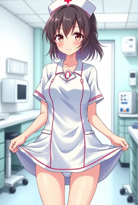 Anime nurse lifting back of skirt and showing panties 