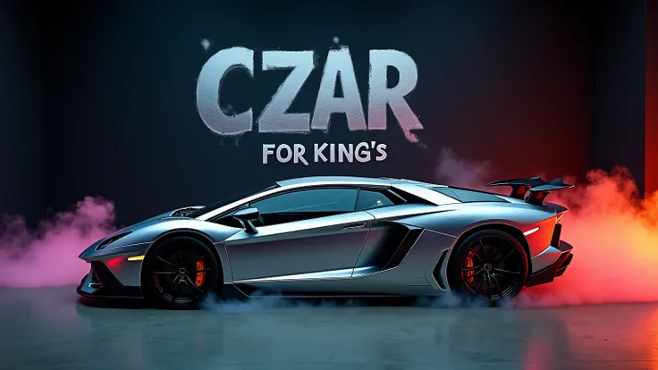 Cinematic photography, side-view of a Lamborghini Aventador with iridescent silver chroma in a modern luxury car studio, black studio with dim spot lighting, Big graffiti "CZAR FOR KINGS" written on black wall with modern font, sharp rim wheels and lowered...