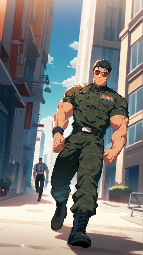 anime, masculine man, towering height , oversized manly muscle ,long muscular legs , tight-fitting military camouflage uniform , very tight, short black hair , combed back hair , Red eyes , sunglasses , 24 years old, walking in city