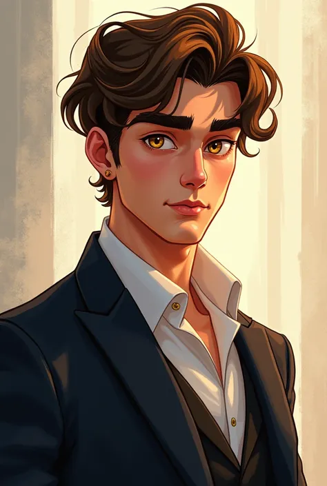 Make him very handsome, English young man who is in his twenties.
He is wearing suit and has golden eyes 
Make him look animated