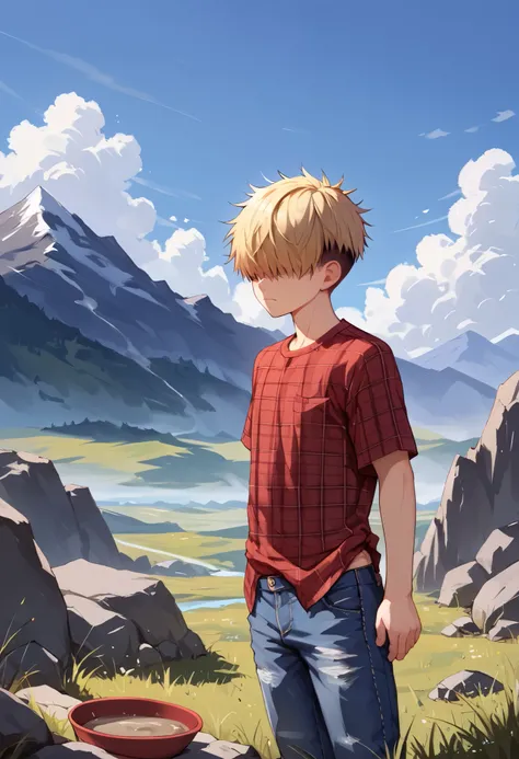 score_9_up, score_8_up, score_7_up, 1boy, solo, source_anime, , ((sfw, rating: general)), (, young boy) BREAK 

Messy hair, blond hair, bowl cut, hair covered eyes BREAK 

Plaid shirt, red shirt, denim pants BREAK 

Standing, closed mouth BREAK 

Outdoors,...