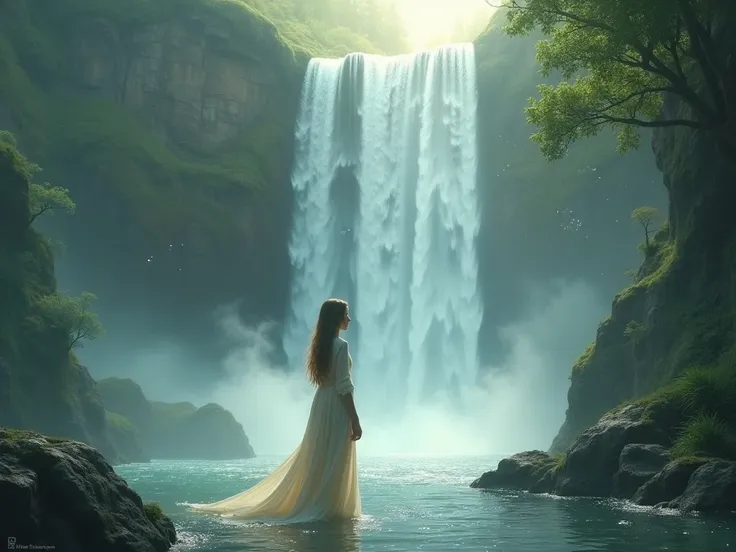 waterfall and woman