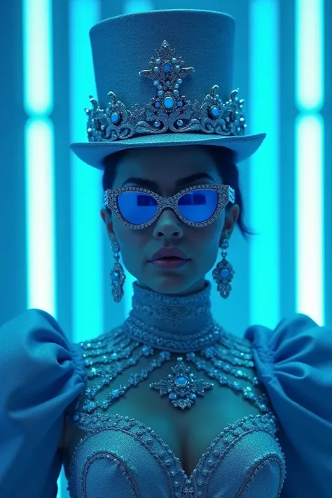 "a woman wearing sunglasses and a hat in front of a blue and white striped background, still from a music video, dressed in shako, wearing sunglasses and a cap, wearing blue sunglasses, wearing sunglasses and a hat, bright blue future, futuristic royalty, ...