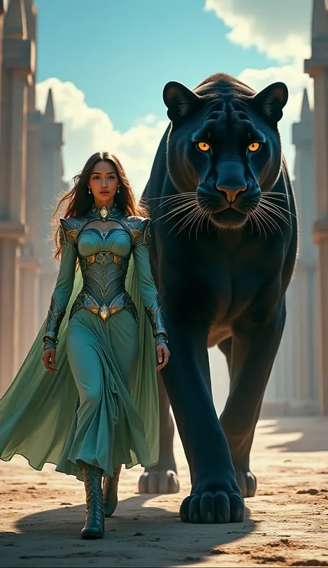 a beautiful woman with long hair,  wearing a futuristic ancient royal uniform in light green with metallic accents ,  walks facing the camera full of confidence in the royal palace illuminated by dramatic daylight. On her side ,  an enormous panther with t...