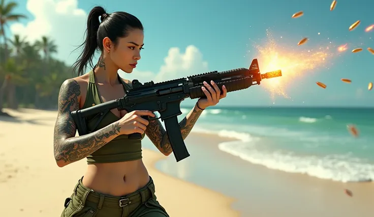 Chinese gangster woman, clearly tattooed holding heavy gun with bullets shooting like waterfalls, olive green clothes, digitally rendered beach, ultra high resolution, smooth textures, high dynamic range, natural lighting.