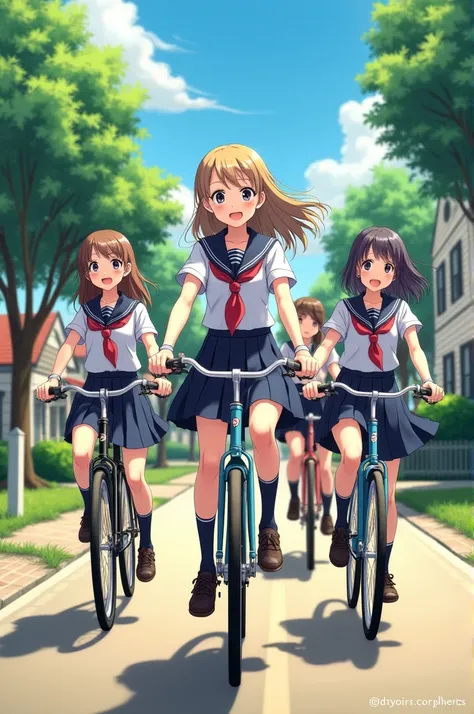 Girls wearing school uniforms ride bikes 