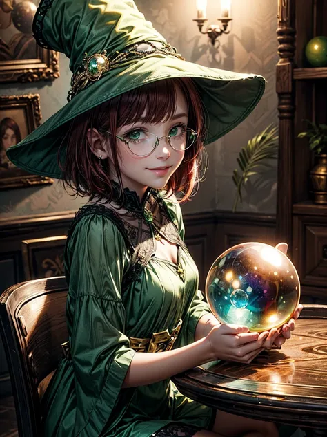 Short,  red hair ,  green eyes ,  metal-framed glasses,  green witch hat , green dress with gold pattern ,  smiling girl sitting in a room at a table with (crystal ball :1.2).