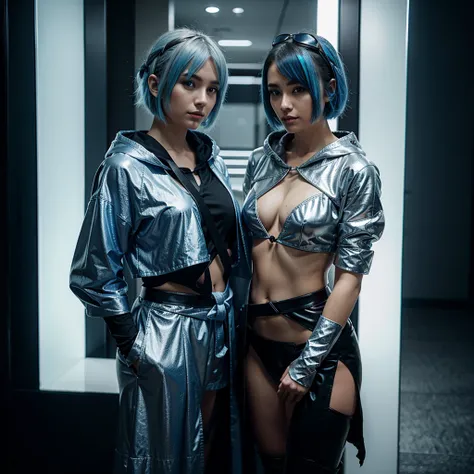 A beautiful woman cosplaying as a fantasy archer character, wearing a blue and silver hooded robe, leather pants, and a crop top. She has short silver hair with ice blue highlights, holding a sleek black ribbon with glowing accents. The background is Tokyo...