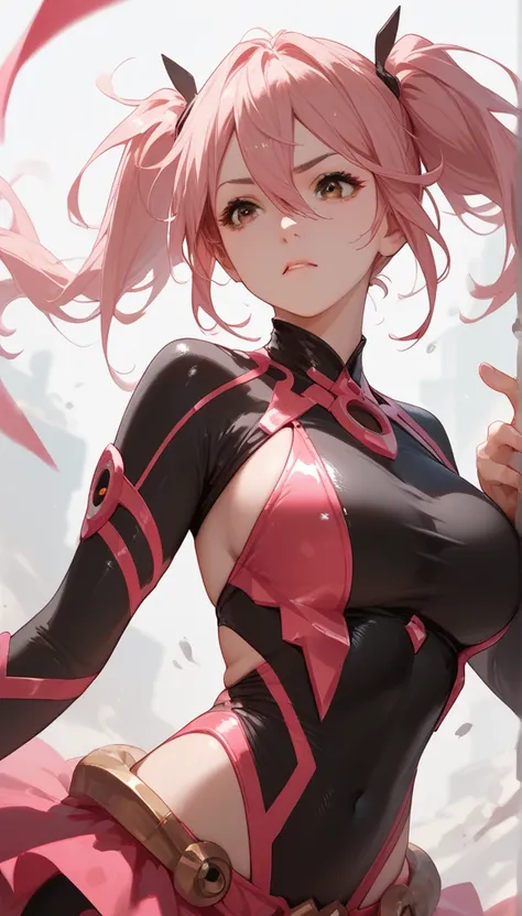 Put one hand on your lower back ,Sexy Costume, 1 girl, Pink Hair, Brown Eyes, Hair Between Eyes, Twintails, Action Figure, Large breasts, 