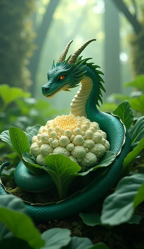 A mystical dragon coiled around a large, vibrant cauliflower in a lush, enchanted garden. The cauliflower, glowing with an ethereal light, sits in the center of the image, while the dragon, with shimmering emerald-green scales, wraps protectively around it...