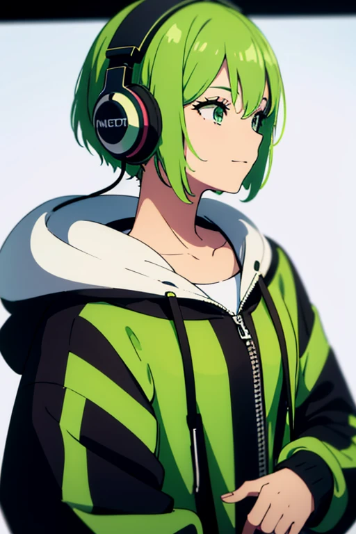  short haired girl with green hair ,Height: 150cm,,Wear a hoodie,Make a happy face, program code style background ,headphones covering ears , headphones with electronic meter and microphone,Side view,She looks here