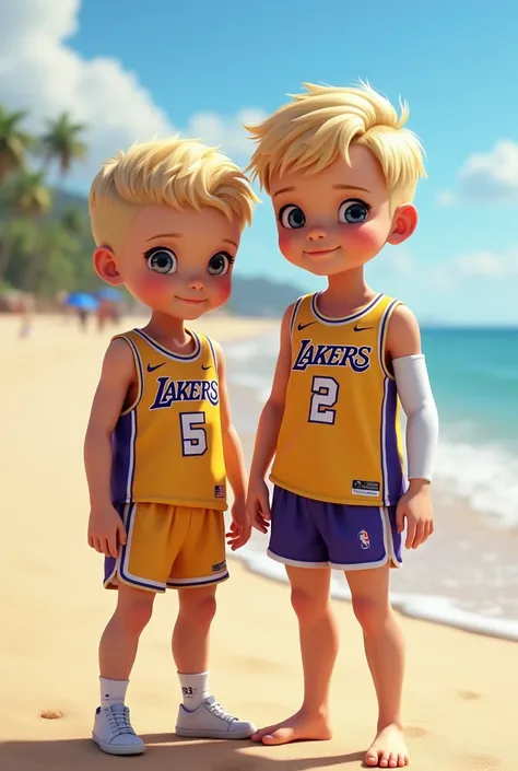  Create two realistic boys  on the beach. He has blond hair and his hairstyle is a lowfade . He wears shorts and shirt from the Lakers team and wears a long, tight and smoothing white protector over his right arm and legs.