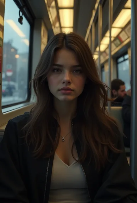 My girlfriend on the subway ,  brunette 