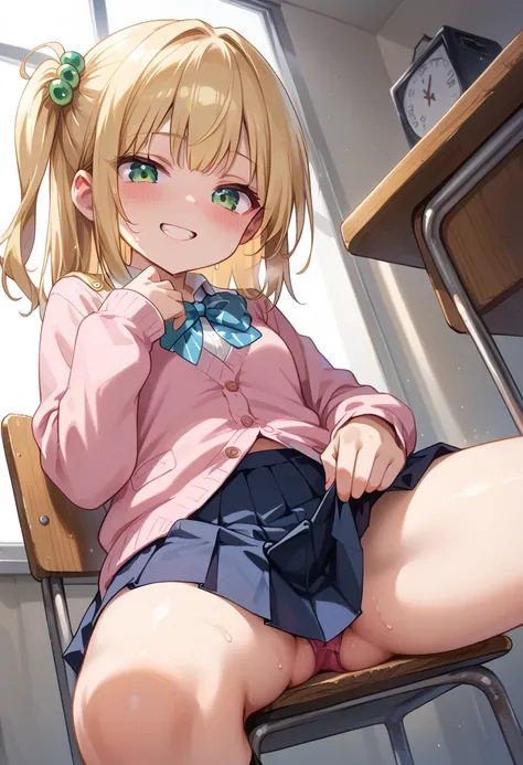 (masterpiece),(best quality),(ultra-detailed), (illustration),score_9,score_8_up,score_7_up,(an extremely delicate and beautiful) BREAK blush,in heat,grin,sitting on chair,spread legs,show pink thong BREAK 1 young girl,one side up,(blonde hair:1.4),light-g...