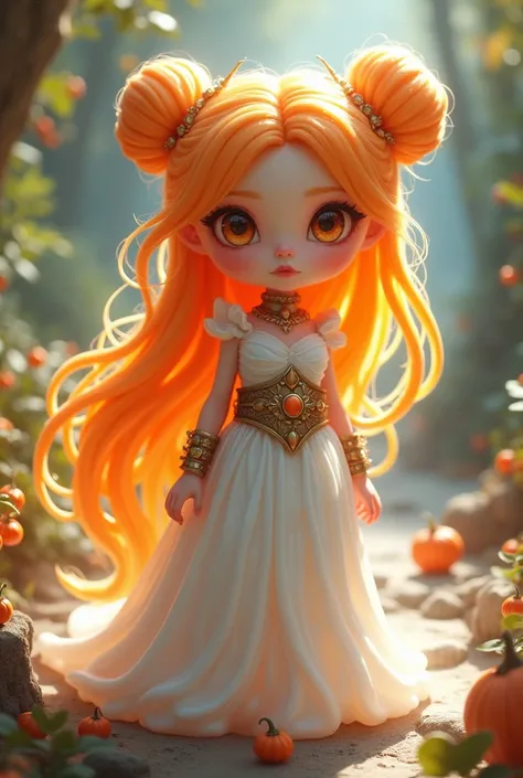 Slime girl, (slime), Slime hair Double buns hair style, Pumpkin Orange, White Princess dress with weapon belt, Masterpiece, Best Quality