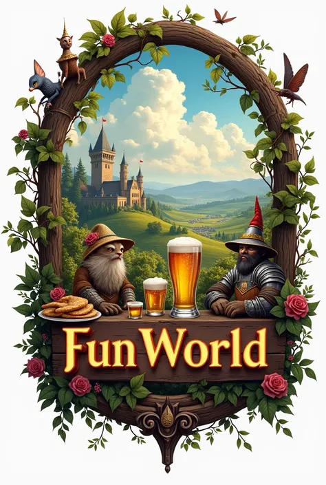 Create a company logo with a focus on beer and cocktails and a rens play world combined realistically with the company name Fun World